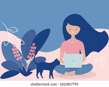 Young woman sitting on the floor working on notebook vector. Freelance work concept. Styding online illustration.