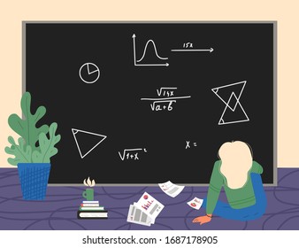 Young woman sitting on the floor and solving math problem with black board. Female person dressed in casual clothes studiy at home.  Vector flat color illustration.