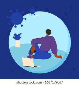 Young woman sitting on the floor with laptop isolated. Coronavirus protection. Ddistance communication. Social distancing and self-isolation during coronavirus quarantine. Vector illustration.