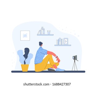 Young woman sitting on the floor with camera and laptop. Female blogger dressed in casual clothes recording new content at home. Vector flat color illustration.