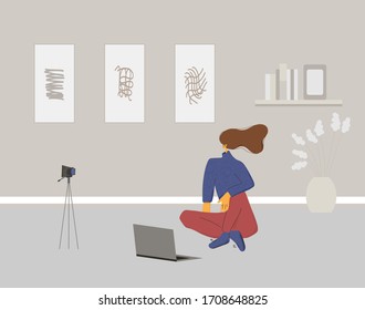 Young woman sitting on the floor with camera and laptop. Female blogger dressed in casual clothes recording new content at home. Vector flat color illustration.