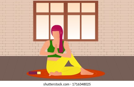 A young woman is sitting on the floor and doing yoga. Maintaining a healthy body through exercise and meditation. Vector illustration.