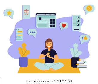 Young woman sitting on floor at home, holding smartphone and chatting in messenger or social network. Internet communication, online instant messaging or information exchange. illustration.