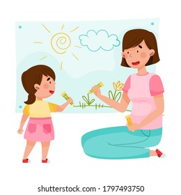 Young Woman Sitting on Floor with Her Kid and Drawing with Felt Pen Vector Illustration