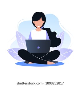 Young woman sitting on the floor and working on a laptop, freelance. Vector illustration for web design