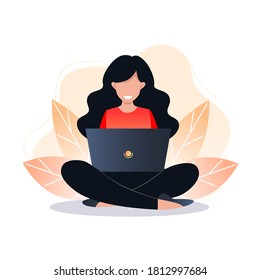 Young woman sitting on the floor and working on a laptop, freelance. Vector illustration for web design