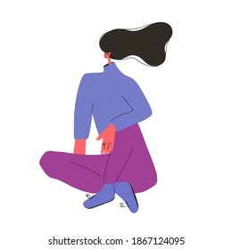 Young woman sitting on the floor crossed legs isolation on white background. Female person dressed in casual clothes. Teenage girl. Vector flat color illustration.