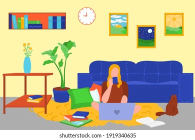 Young woman sitting on floor with laptop at home. Girl working or studying online at cosy living room interior background. Freelance, remote job, e-learning concept flat vector illustration