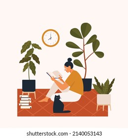 Young woman sitting on a floor and reading a book. Spending time at home, relaxation, rest, hobby. Vector illustration isolated on white background.