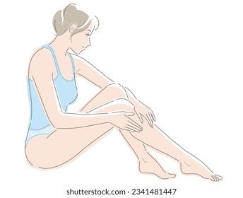 Joven sentada en el piso y masajeando sus piernas. Ilustración vectorial en el plano de línea, aislada en fondo blanco.