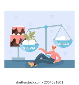Young woman sitting on floor near scales and big cake. Concept of choose between sugar and stevia. Healthy and natural sweetener concept. Flat vector illustration in cartoon style