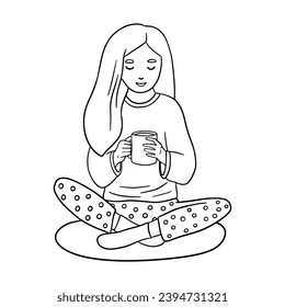 Young Woman Sitting on floor with Cup, Drinking Coffee. Girl Routine, Spare Time. Hand drawn line doodle illustration isolated on white