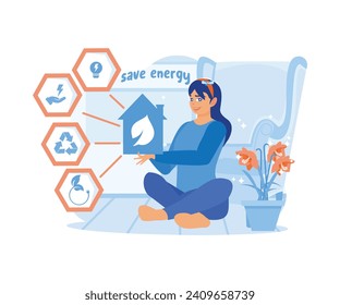 A young woman is sitting on the floor holding a greenhouse symbol. Environmentally friendly energy saving concept. I am keeping the planet concept. Trend Modern vector flat illustration