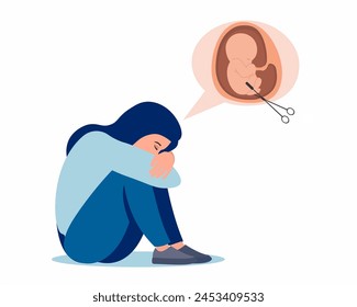 Young woman is sitting on floor and crying Miscarriage abortion loss pregnancy vector illustration