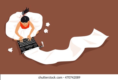 Young Woman Sitting On A Floor And Typing On A Vintage Typewriting, Long List Of Paper Coming Out Of It, EPS 8 Vector Illustration, No Transparencies