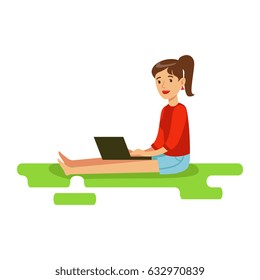 Young woman sitting on the floor with her laptop, colorful character vector Illustration