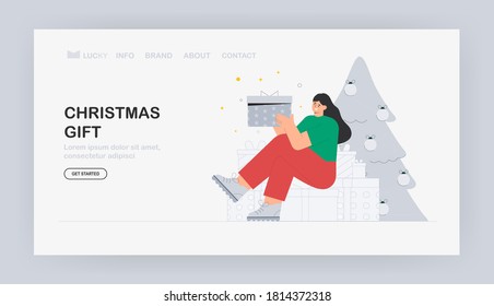 Young woman sitting on gift box, against the background Christmas tree. New year and Merry Christmas concept for greeting card, banner, flyer. Flat vector illustration in modern style.