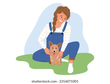 Young woman sitting on the grass with a corgi dog. People walking their pet concept. Vector isolated illustration in flat style.