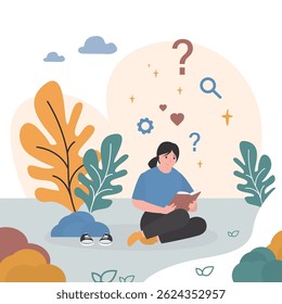 Young woman sitting on grass in park and reading an interesting book. Girl relaxes or studies outside in nature. Bookworm, female character in the summer park. flat vector illustration