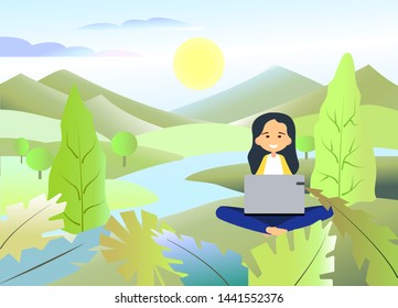 young woman sitting on green grass in park with legs crossed during summer day while using laptop. Against the backdrop of a natural landscape with mountains Vector illustration in a modern flat style