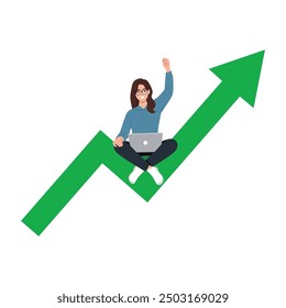 Young woman sitting on a growth and profit arrow and working on company financial growth. Flat vector illustration isolated on white background