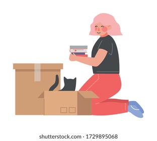 Young Woman Sitting on her Knees Packing or Unpacking Belongings in Cardboard Box, Guy Relocating to New Home Vector Illustration