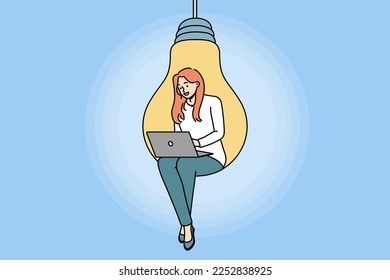 Young woman sitting on huge light bulb working on laptop. Confident motivated female employee on lightbulb busy with computer job. Innovation and brainstorm. Vector illustration. 