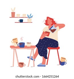 Young Woman Sitting on Kitchen with Cup of Coffee in Hand and Many Dirty Mugs around at Home. Female Character Having Caffeine Addiction, Bad Habit. Drink Beverage Cartoon Flat Vector Illustration