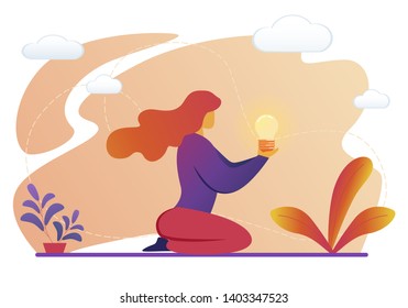 Young Woman Sitting on Knees Holding Illuminated Light Bulb in Hands. Creative Business Idea, Insight, Innovation, New Project. Female Character and Shining Lightbulb. Cartoon Flat Vector Illustration