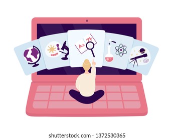 Young woman sitting on laptop keyboard and choosing object option for e-learning. Flat modern trendy style.Vector illustration character icon. Isolated of white background. Online education concept.