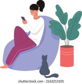 Young woman sitting on lazy chair with smartphone. Social media addiction isolated on white background