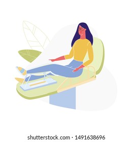 Young Woman Sitting on Medical Armchair with Leg Retainer Isolated on White Background, Health Rehabilitation after Accident, Girl with Broken Foot Treatment, Medicine Cartoon Flat Vector Illustration
