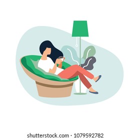 Young woman sitting on modern chair  relaxing in her living room drinking coffee or tea,.Vector illustration cartoon character