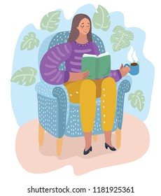 Young woman sitting on modern chair and relaxing. Female is reading book and drinking cup of coffee or tea. Vector cartoon illustration in modern concept