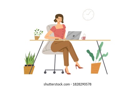 Young woman sitting on modern desk and working enjoyably. Concept of business woman, working woman, freelancer, worker, comfortable workplace, clear interior workspace. Flat vector illustration.