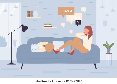 Young woman sitting on modern sofa of home living room to think about difficult choice vector illustration. Cartoon confused girl with serious face planning, choosing correct answer on question