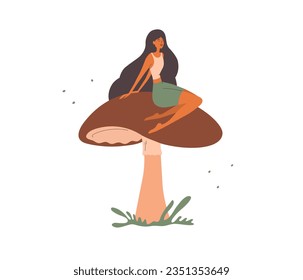 Young woman sitting on mushroom. Beautiful female with closed eyes relaxing on pileus. Autumn vibe, harvest season. Girl with long black hair is resting on mushroom cap. Isolated vector illustration