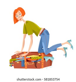 Young woman sitting on overflowed suitcase and trying to close it. Preparing for journey. Travel concept. Vector illustration.