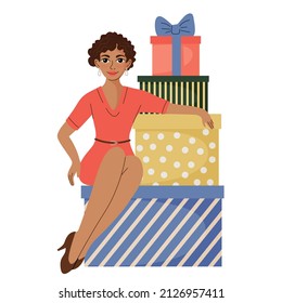 A young woman is sitting on a pile of gifts. Vector illustration. Holiday, birthday.