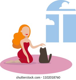 Young woman sitting on pink carpet, petting cat. Home living room interior. Flat vector illustration