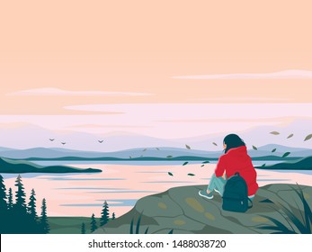 Young woman is sitting on a rock with a backpack and looking into the distance. Foggy landscape. Wild nature. Travelling solo, hiking, journey. Vector illustration.