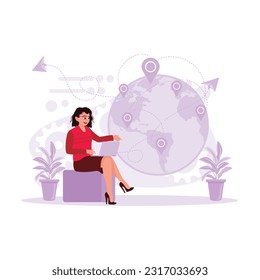  The young woman is sitting on a small sofa with a laptop in her lap, looking at a futuristic grid and planet hologram through a laptop with a fast internet connection. Trend Modern vector flat 