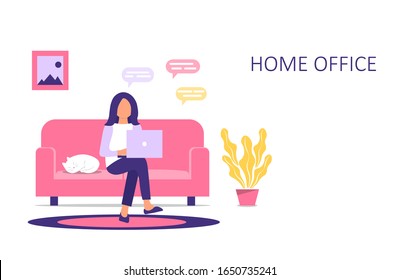 A young woman is sitting on a sofa with a laptop. Home Office. Girl working at home. Work at home or freelance. Freelancer lifestyle. Vector illustration in a flat style.