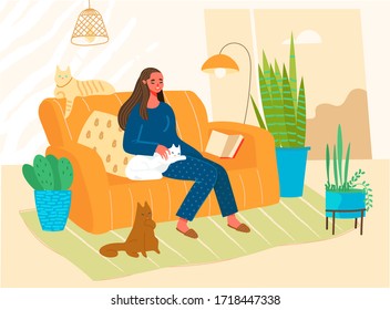 Young woman sitting on the sofa  with her cats. Funny girl spending time with her domestic animals. Cute lady relaxing at home. Flat Cartoon vector illustration.