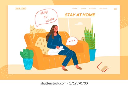 Young woman sitting on the sofa  with her cats. Funny girl spending time with her domestic animals. Cute lady relaxing at home. Flat Cartoon vector illustration. Landing page.