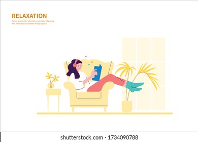 Young woman is sitting on a sofa and reading a book, enjoying meditation, relaxation, listening to music at room or apartment. self quarantine. Stay at home. Flat cartoon vector illustration.