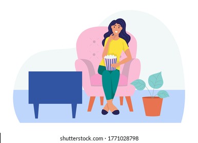 A young woman is sitting on the sofa, watching TV and eating popcorn. The concept of daily life, everyday leisure and work activities. Flat cartoon vector illustration.