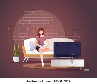 Young woman sitting on the sofa and watching TV. Living room, interior, home leisure, spare time, television concept. Vector illustration for poster, banner, website.