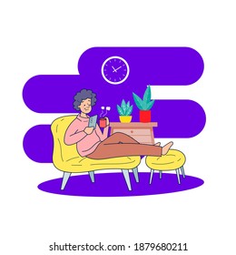 A young woman sitting on a sofa drinking coffee.