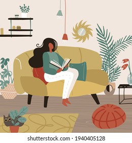 Young woman sitting on sofa in her room and reading a book. Weekend or free time spending. Feminine time concept. Girl chilling in cozy living room. Vector cartoon flat illustration.